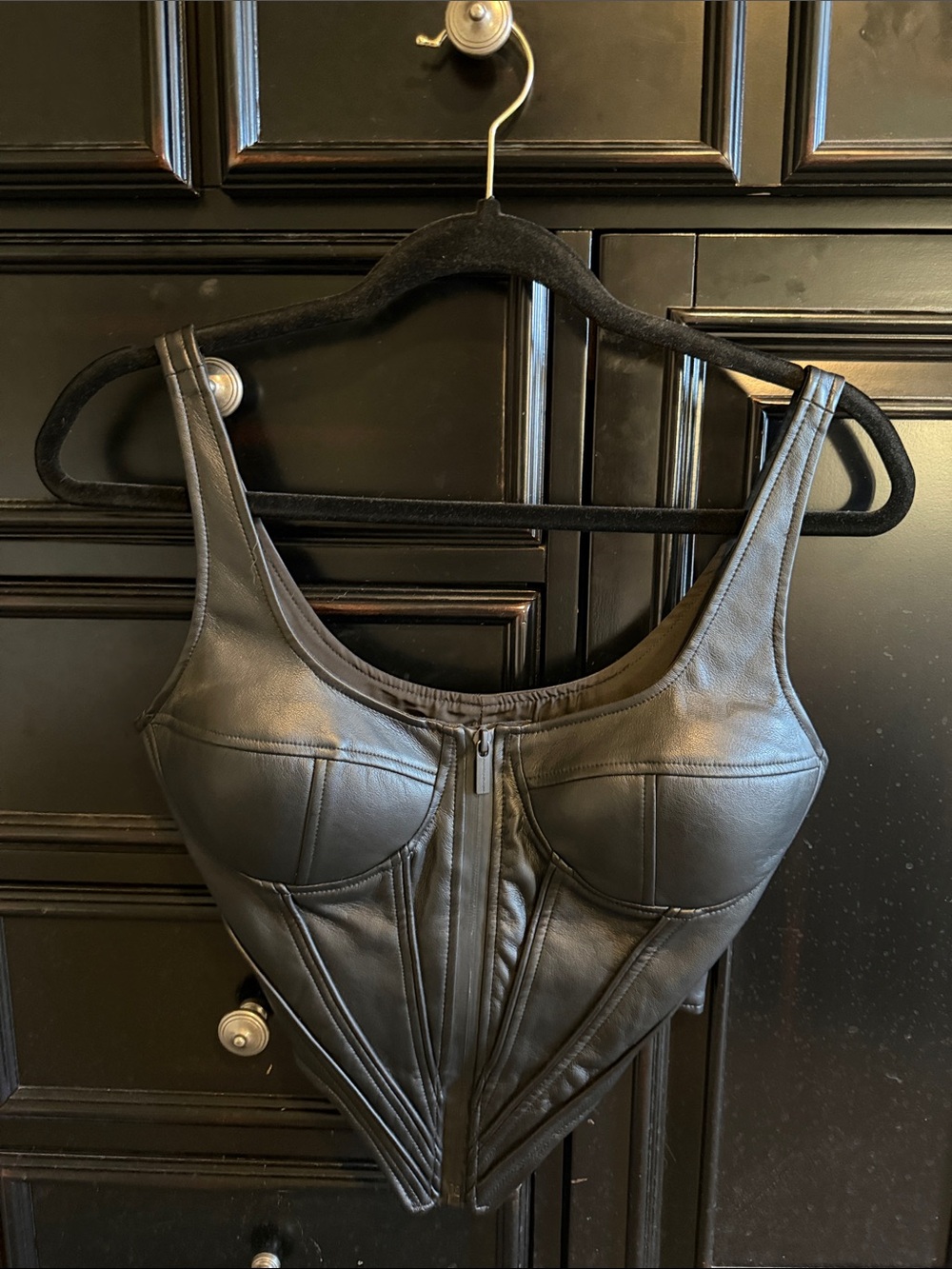 Maniere De Voir Black Leather Front-Zip Corset Top - Women Intimates & Sleepwear